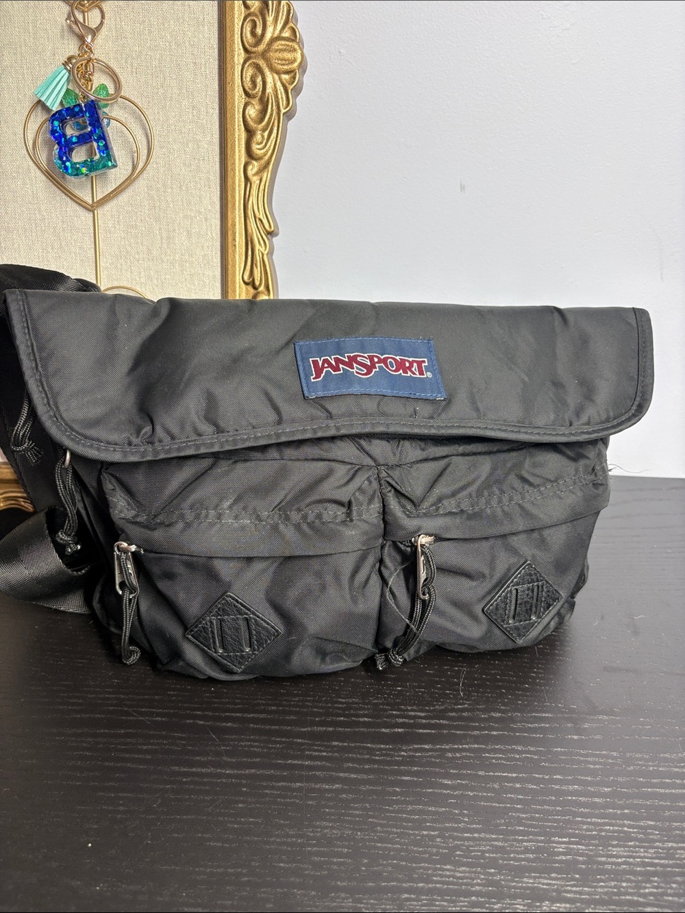 Jansport Black Nylon Messenger Bag with Front Pockets